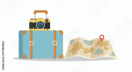 Travel planning concept with suitcase, camera and map for vacation and adventure journey design