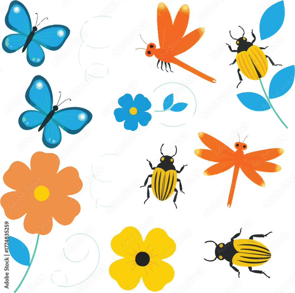 Fototapeta premium Collection of bright cartoon butterflies beetles dragonflies and flowers on white background