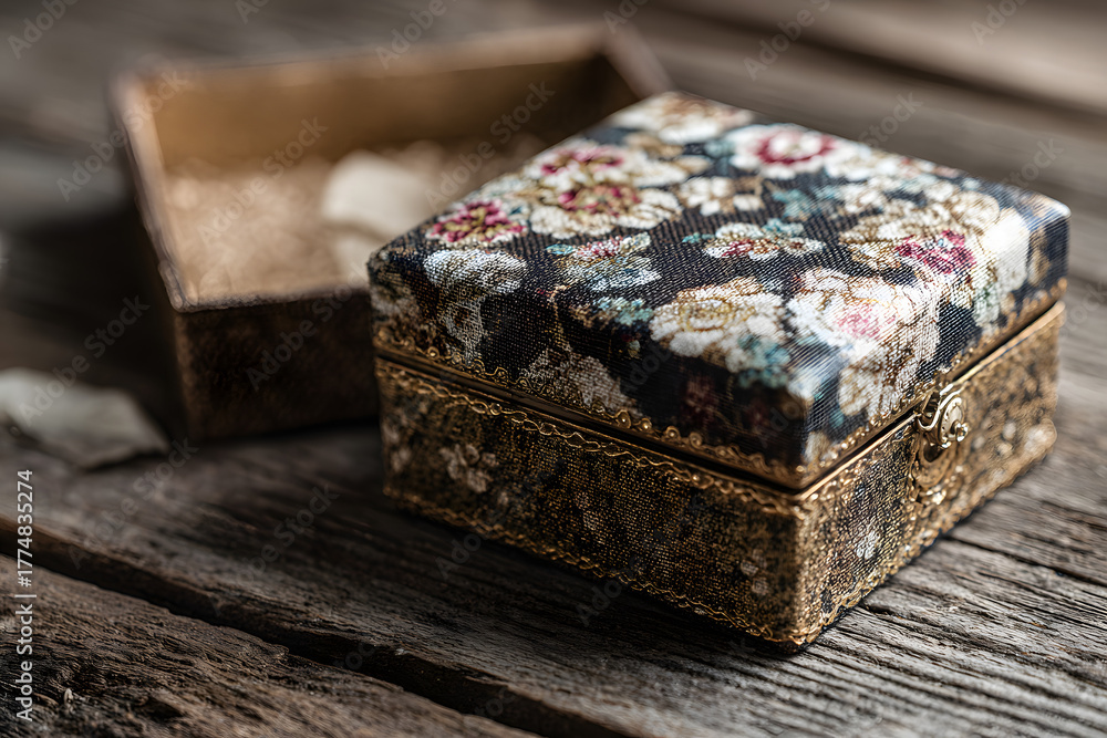 Obraz premium Opened gift box with beautiful lid on wooden table, top view. Space for text