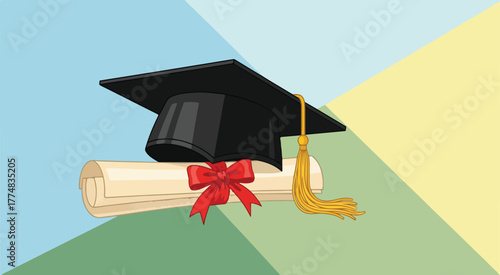 Graduation cap and diploma illustration for college university and school achievement celebration success