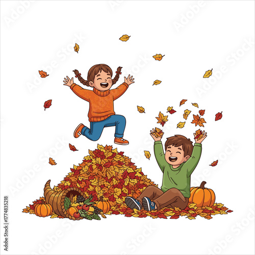 Children joyfully playing in a large pile of autumn leaves enjoying the fall season