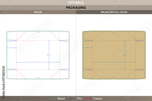 Foldable 4 corner tray box dieline developed through professional vector layout enhancing printing smoothness packaging fold accurate die line joins four corners neatly together
