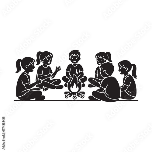 Children Gathered Around a Campfire Sharing Stories and Laughing Together