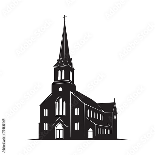 A Majestic Gothic Revival Church Steeple Ascending Towards the Heavens Silhouetted Against a Clear Sky