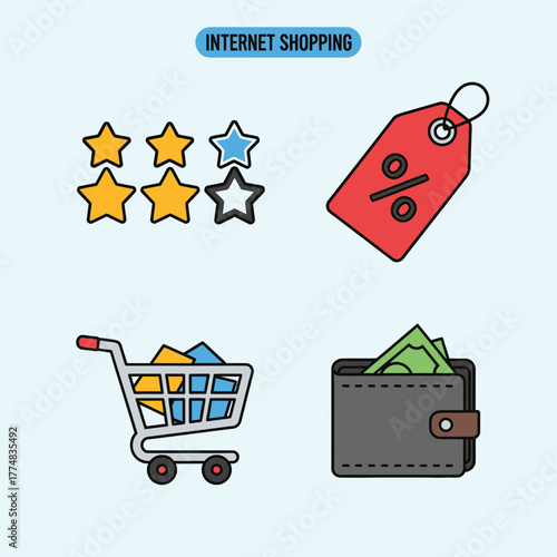 Online shopping elements including stars tag cart and wallet for e commerce.