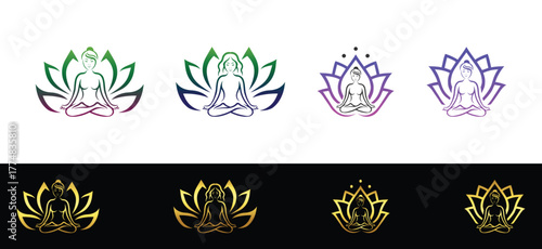 Woman meditating in lotus pose surrounded by lotus petals gradient colors and gold vector template