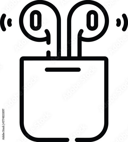 Wireless earbuds in charging case with sound waves icon