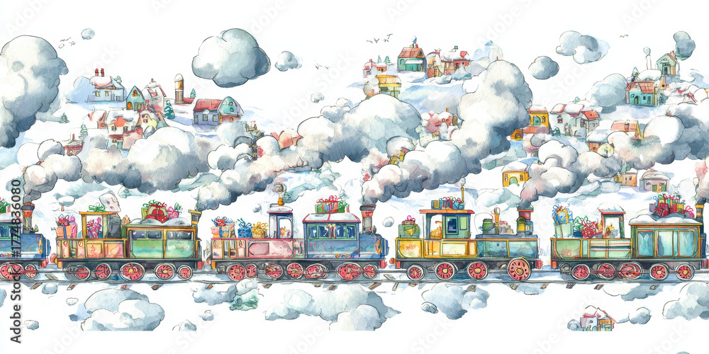 Fototapeta premium Festive Train Ride: A whimsical illustration of a charming train journeying through a winter wonderland, adorned with festive gifts and decorations, evoking feelings of joy and anticipation.