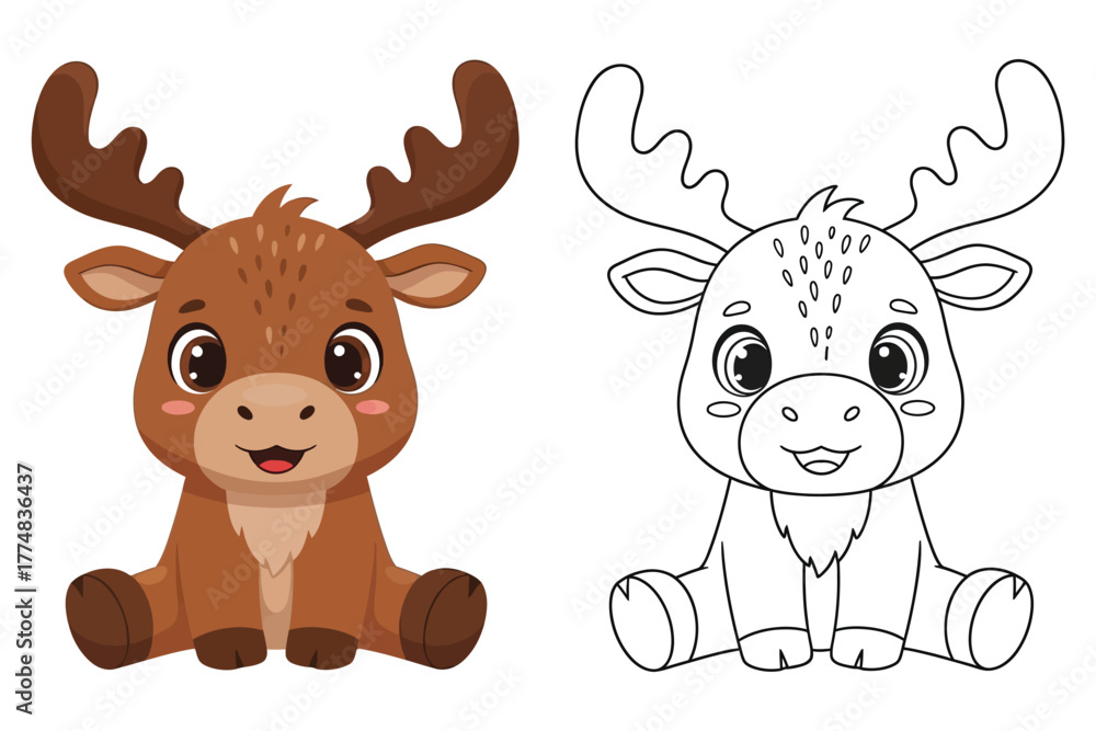 Fototapeta premium Cute Baby Deer — Color and Outline Drawing for Kids