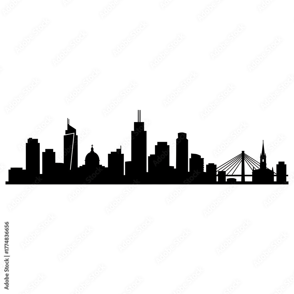 Naklejka premium City Silhouette: The skyline of a vibrant metropolis, artfully depicted in silhouette, offers a minimalist yet captivating glimpse of urban architecture and the essence of city life.