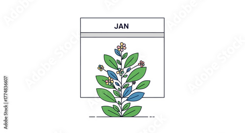 January Plant Growth Illustration Showcasing New Year Gardening and Seasonal Botany, Ideal for Promoting Gardening Tips, Calendars, or Educational Content