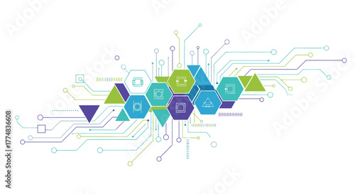 Abstract technology network connection design featuring connected geometric shapes and circuit board lines for digital innovation and futuristic concepts