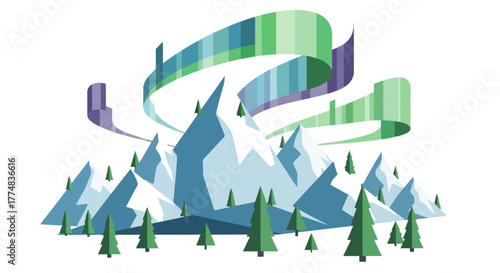 Majestic mountain range under the shimmering aurora borealis, perfect for promoting winter travel, ecological awareness, or nature-themed educational content.