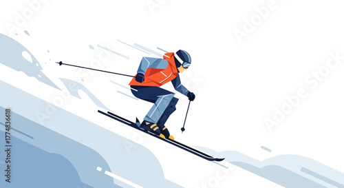 Dynamic Skier Descending Snowy Slope Illustration for Winter Sports Campaigns and Outdoor Adventure Promotions, Ideal for Active Lifestyle Designs and Vector Art Projects