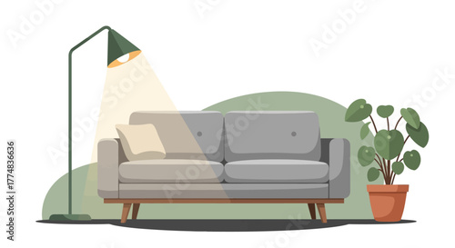 Cozy Living Room Illustration Featuring a Minimalist Sofa, Floor Lamp, and Potted Plant, Ideal for Interior Design and Home Decor Projects