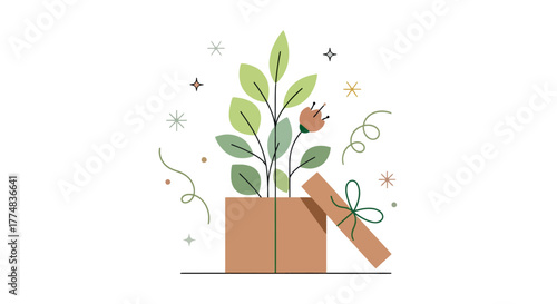 Minimalist Illustration of a Plant in a Gift Box, Symbolizing Growth, Sustainability, and Thoughtful Gifting for eco-conscious campaigns and event decorations.