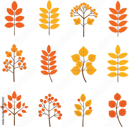 Collection of stylized autumn tree branches with vibrant orange and yellow leaves