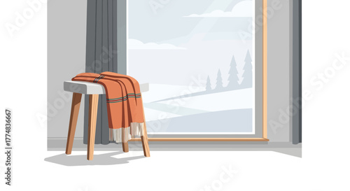 Minimalist winter scene featuring a stool with a warm blanket against a window overlooking a snowy landscape. Perfect for interior design concepts, seasonal greetings, or relaxation themes.
