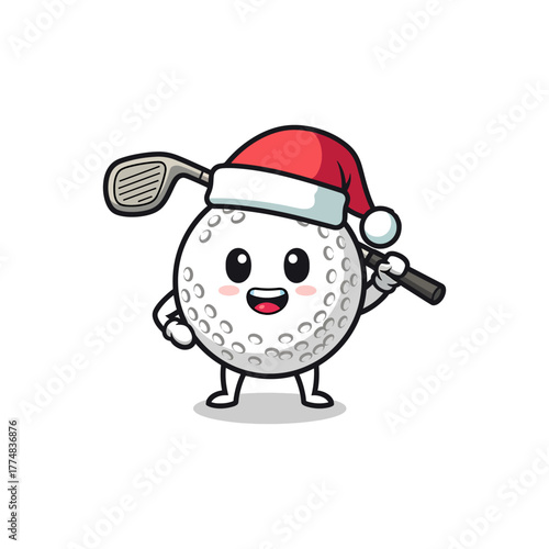 Cute golf ball character with Santa hat and golf club cartoon vector illustration