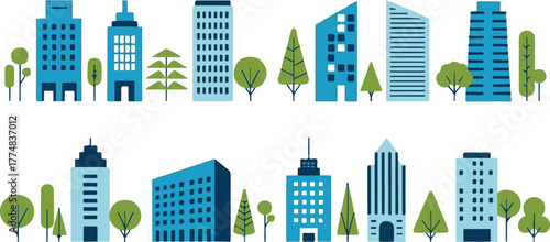 city skyline vector illustration of urban buildings trees and park