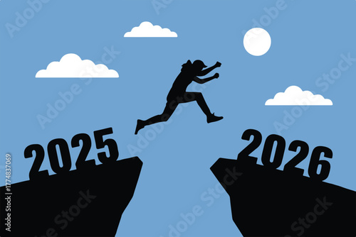 transition silhouette jump over gap labeled 2025 to 2026 newyear