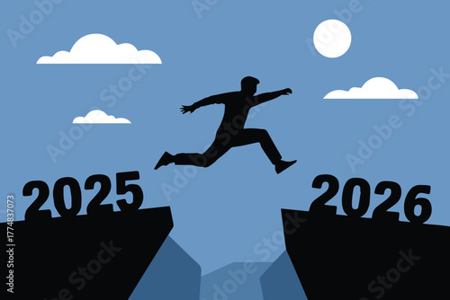 transition person jumping from 2025 cliff toward 2026 future horizon