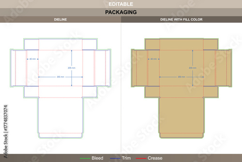 Tray with foot lock and hinged lid dieline developed by vector accuracy ensuring printing quality packaging control secure die line hinge keeps lid and foot fold properly aligned