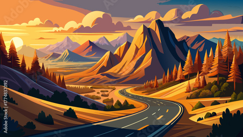 Very beautiful scenic view of the famous Route in classic American mountain scenery at sunset, with warm golden light casting soft shadows across winding roads and rugged peaks.