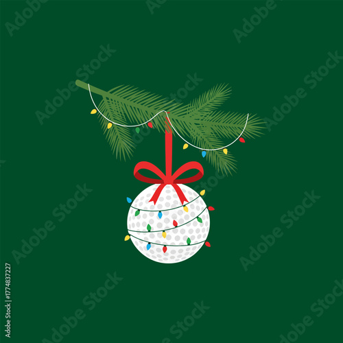 Christmas golf ball ornament with lights and ribbon vector illustration