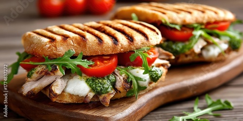 Grilled chicken panini with fresh tomatoes mozzarella pesto and arugula on a wooden board