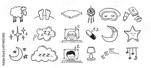 Hand drawn doodle Set of Sleep Related. Sleeping drawing icons