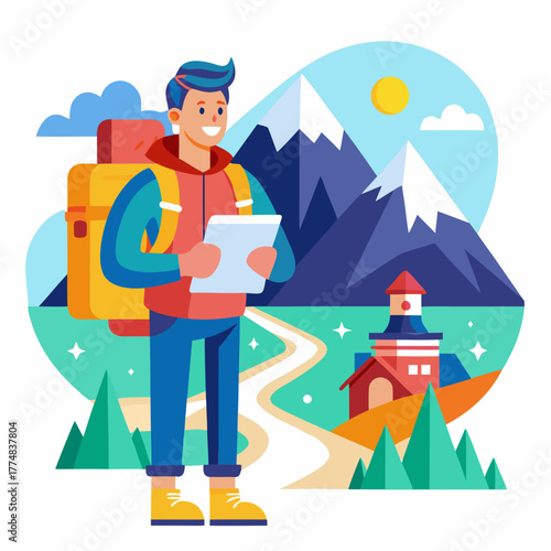 Young male backpacker holding a tablet and looking at a map in a scenic mountain landscape