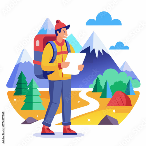 Adventurous hiker with backpack and map exploring a scenic mountain landscape with tent and trees