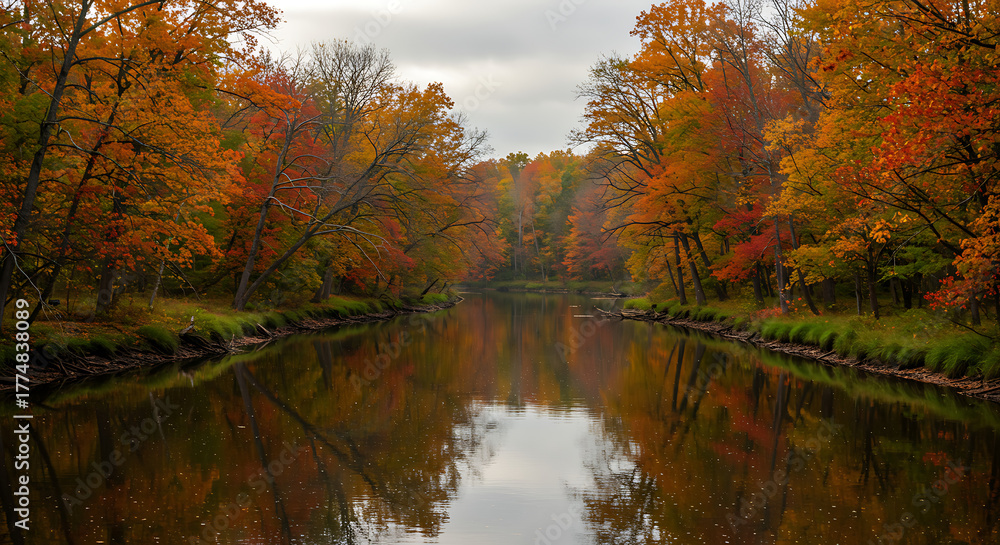 Fototapeta premium Autumn River Landscape with Vivid Forest Reflections