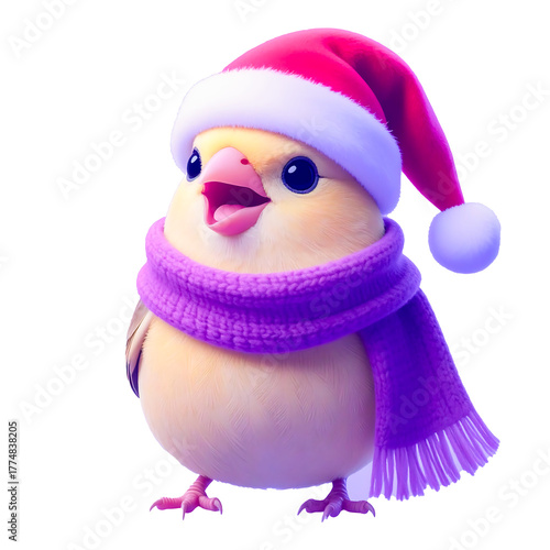 Cute yellow bird wearing a red Santa hat and a purple scarf, smiling joyfully and spreading Christmas cheer on a transparent background.