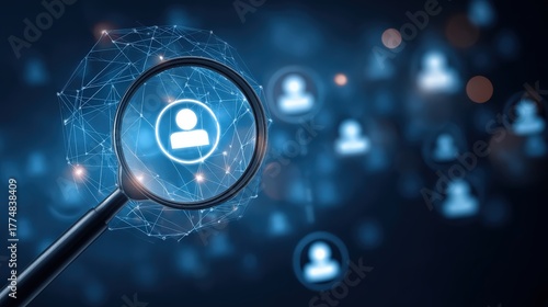 A digital magnifying glass hovers over a person icon, surrounded by connected nodes, symbolizing online search and networking.