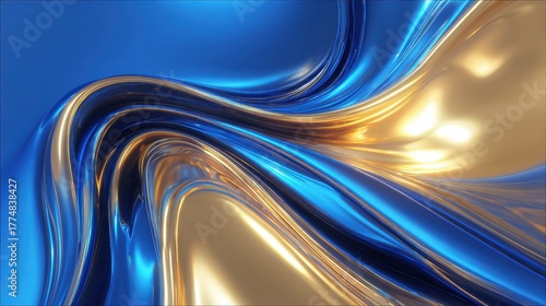 Fluid metallic waves of blue and gold with reflections abstract background texture