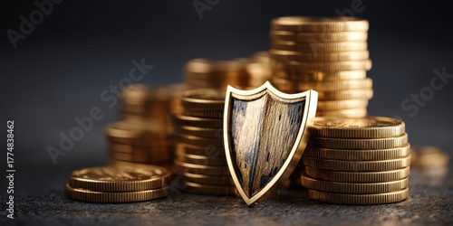 A golden shield stands guard before stacks of shiny gold coins on a textured surface