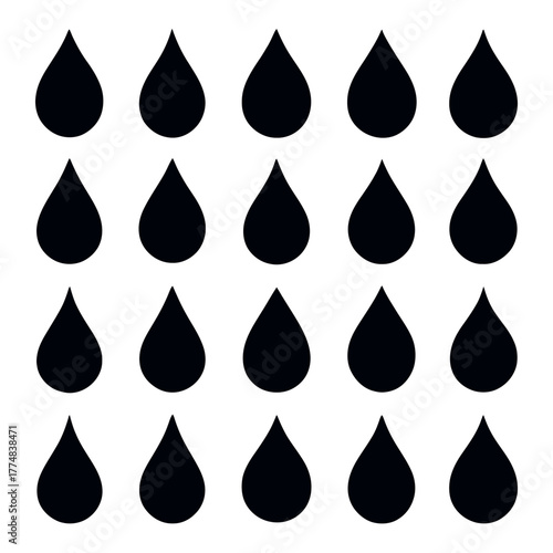 A grid of twenty black water drop silhouettes arranged in five rows and four columns silhouette