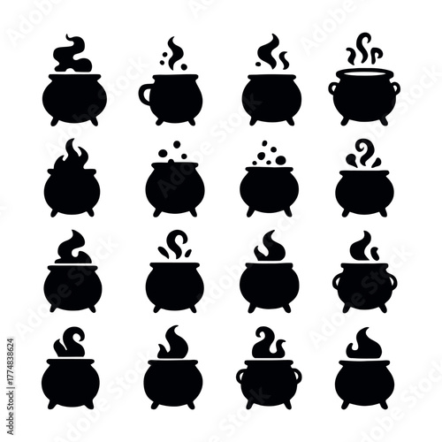 Collection of black witch cauldrons with bubbling potions and flames silhouette