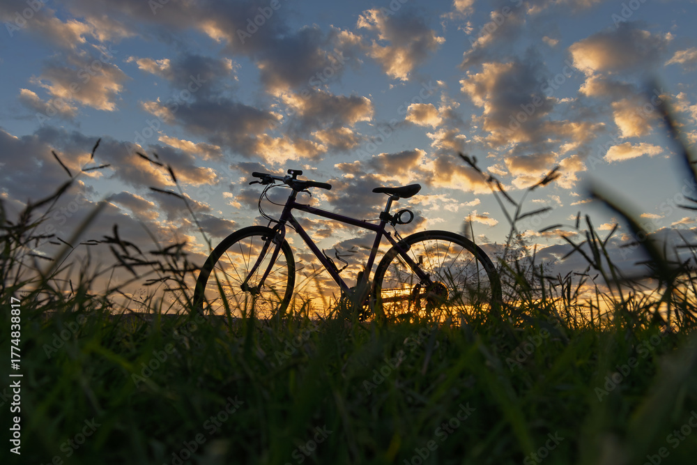 Naklejka premium 夕空が背景の引きの自転車のシルエット ローアングル