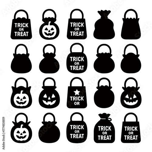 Collection of halloween trick or treat candy bag silhouettes with various designs and shapes silhouette