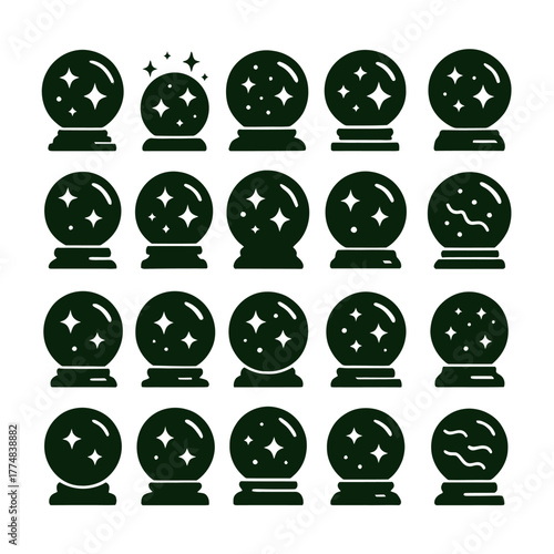 Collection of mystical crystal ball icons in a clean silhouette style for fortune telling and magic