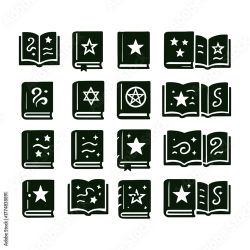 Collection of mystical and magical books represented as dark silhouettes on a light background