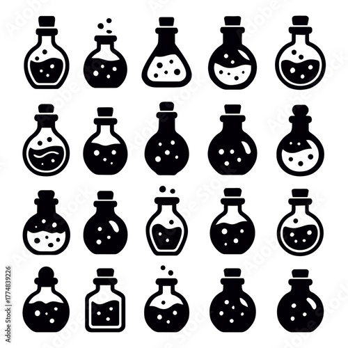 Collection of various potion bottles with different liquid levels and contents silhouette
