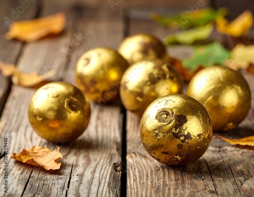 Golden Chocolate Truffles on Rustic Wooden Surface with Autumn Leaves.