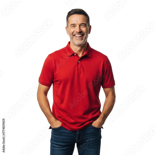 A smiling middle aged man wearing a red polo shirt and blue jeans with his hands in his pockets isolated on transparent background
