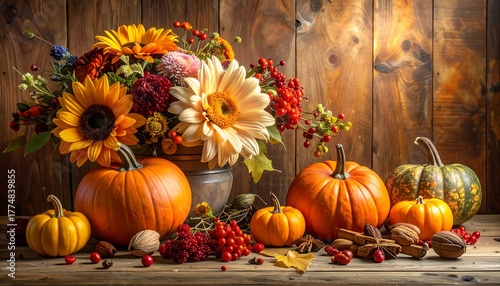 Autumnal Still Life with Pumpkins and Floral Arrangement.