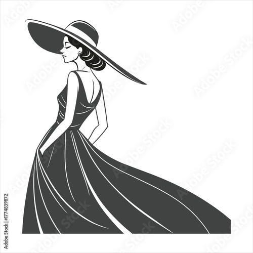 Elegant woman in flowing dress and wide hat, minimalist black and white fashion vector illustration.