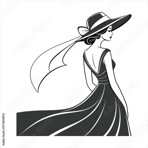 Elegant woman in flowing dress and wide hat, minimalist black and white fashion vector illustration.